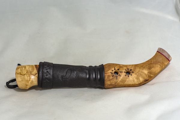 Knife with wooden handle and sheath made from wood and leather