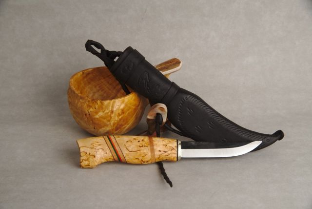 Knife with wooden handle and leather sheath and wooden cup