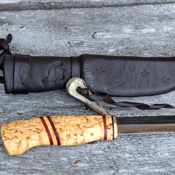 Knife with wooden handle and leather sheath